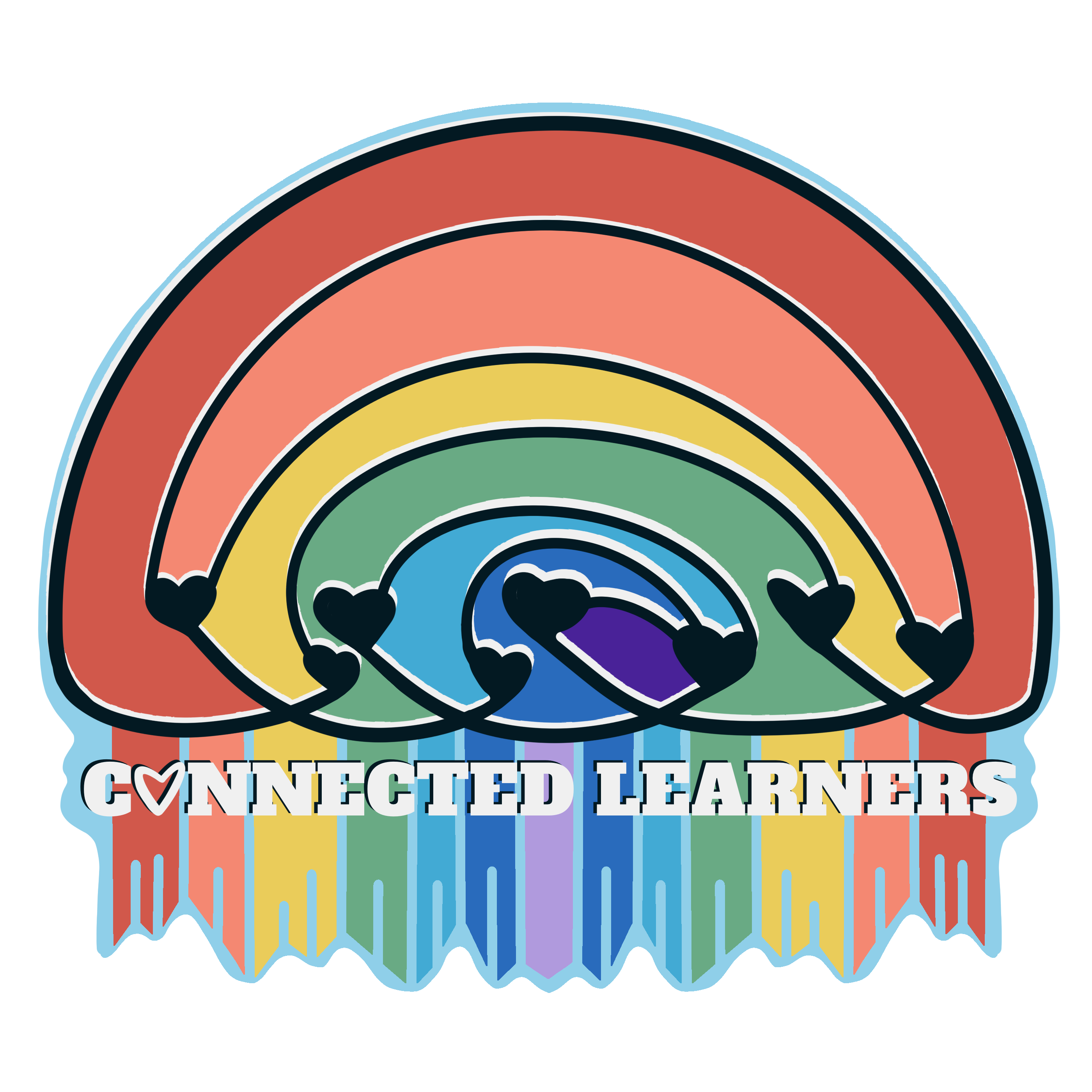 a rainbow connecting hearts and streams of color into connected learners