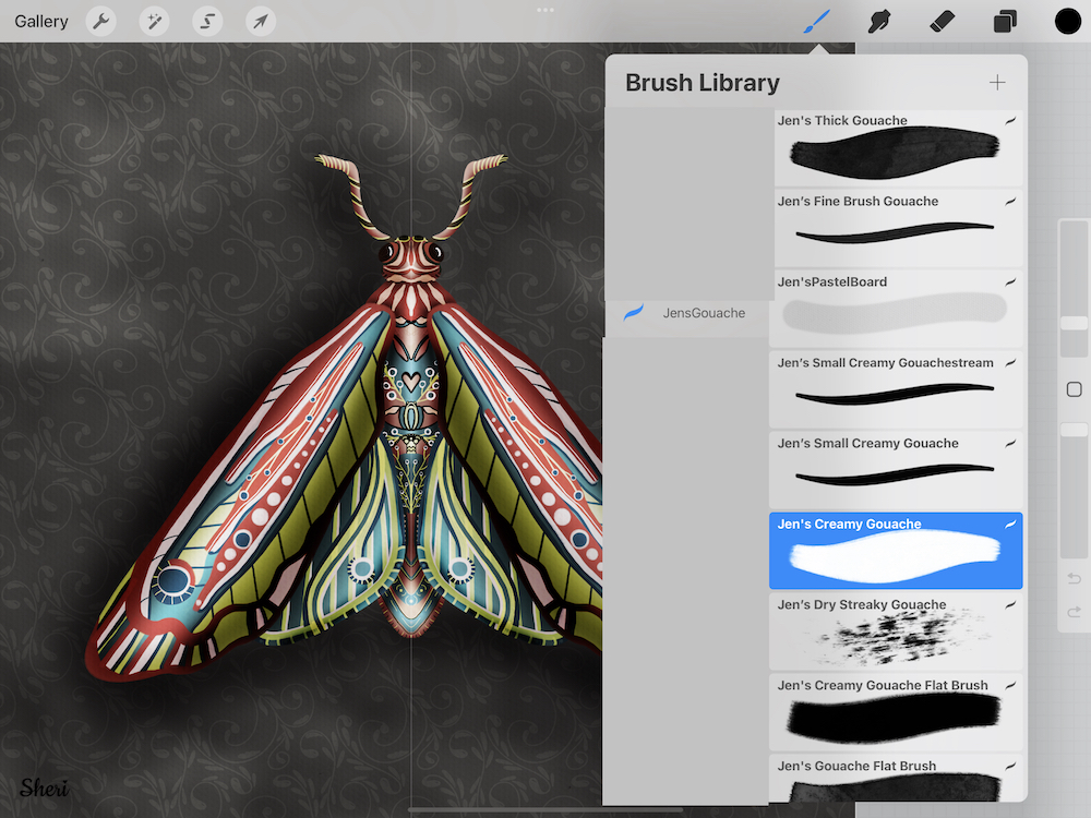 moth with sampling of digital brush strokes from gouache brush set