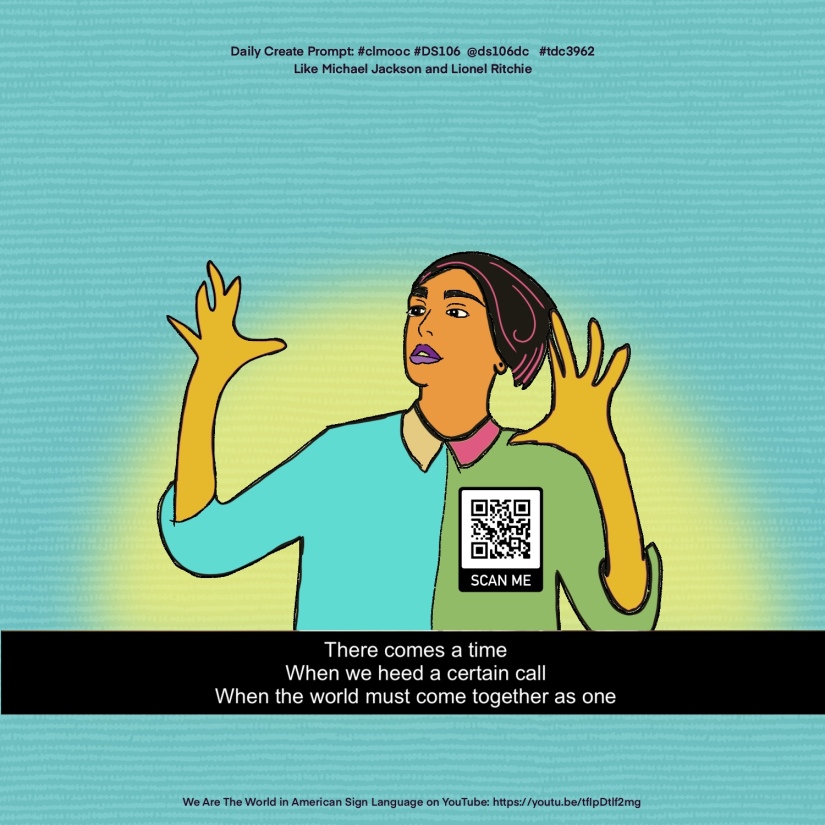 Stylized illustration of women signing “We are the World” with QR code to video