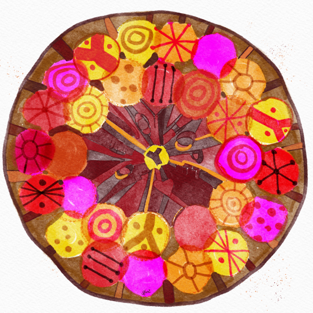 wreath of orange, yellow, red, magenta circles in with lines and circle designs in most