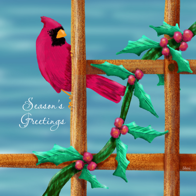 cardinal on lattice work with holly and berries
