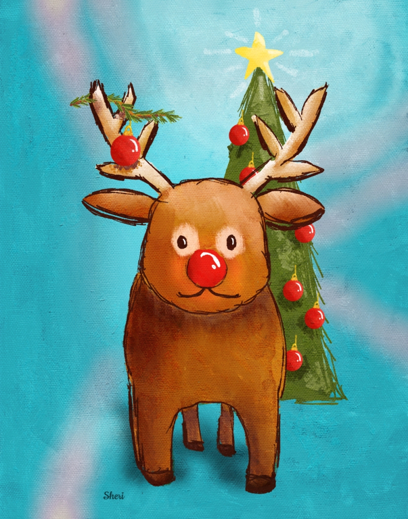 stylized Rudolph with an evergreen limb and red ornament in his antlers standing wide-eyed in front of a Christmas tree of red ornaments.