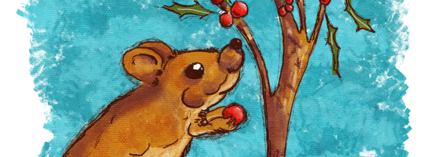 stylized little brown mouse by a berry bush holding a red berry