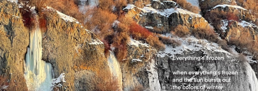 cliffs of basalt with frozen waterfalls and red willows with brown sagebrush