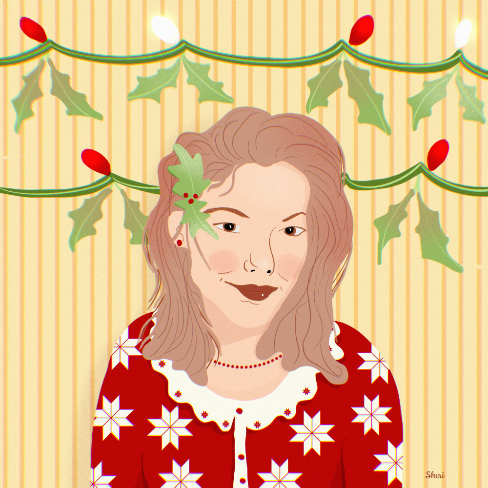 stylized brown-haired women in red and white Scandinavian star sweater with holly in her hair above her right ear in front of yellow striped background with strings of holly and holiday lights
