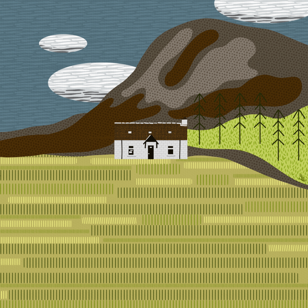 Shapes and patterns form a small white house below a mountain and in a field