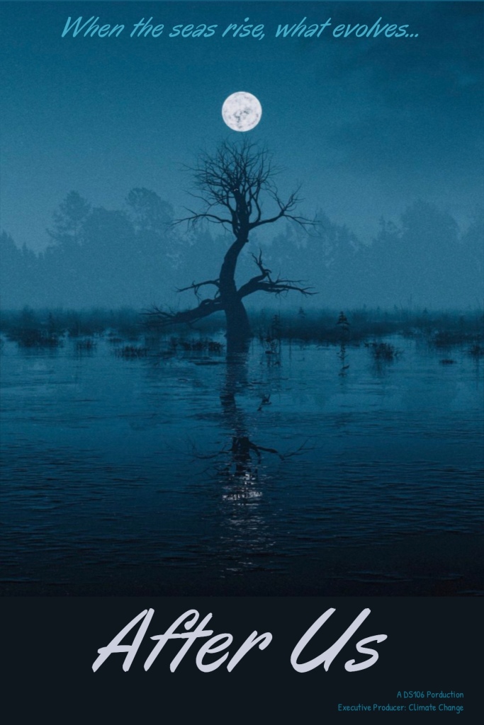 Watery world of dark blues with a tree and its arms reaching out below a full moon
