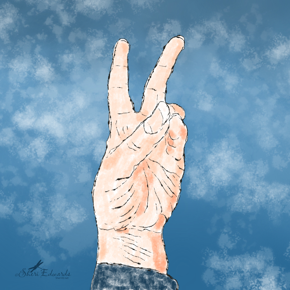 I took a clue from Pauline Ridley on shading— she used her finger prints, so I found a blotchy brush to mimic that for my shading. And, of course, I could not resist to resist and expect “Peace” with my hand in the gesture of the 1960s peace / love sign.
