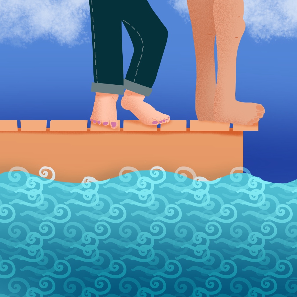 stylized illustration on the dock: 4 feet and a perhaps a splash
