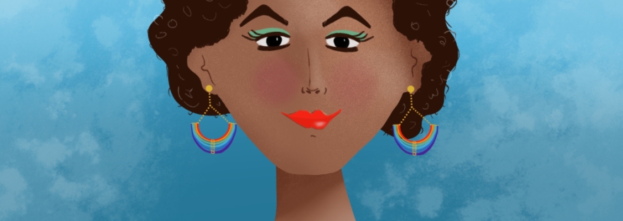 woman with afro style hair, a lovely rainbow necklace and earrings on a cloudy day