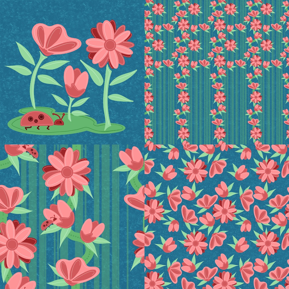 Another of my floral folk design  for the 3x3 challenge, in a frame, two kinds of stripes, ladybugs, and just florals.