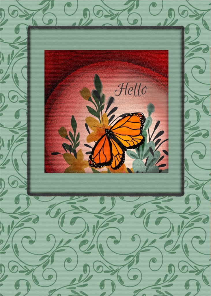 A Hello Card with butterfly, bouquet, sunset
