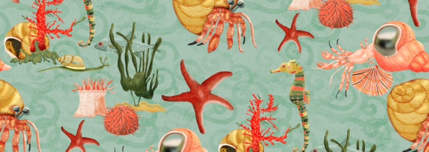 Sheri's main pattern for her Seaside Stories collection that includes hermit crabs, seashells, seaweed, sea anemone, sea urchins, coral, snail, seahorse, lantern fish.