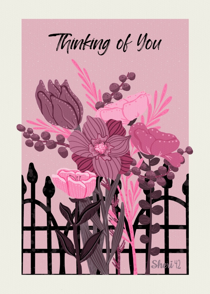 gouache floral garden "thinking of you" greeting card in pinks on pink colors