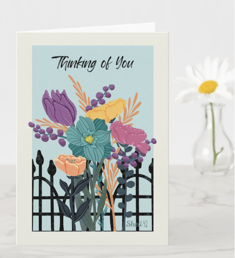 gouache floral garden "thinking of you" greeting card in vibrant colors